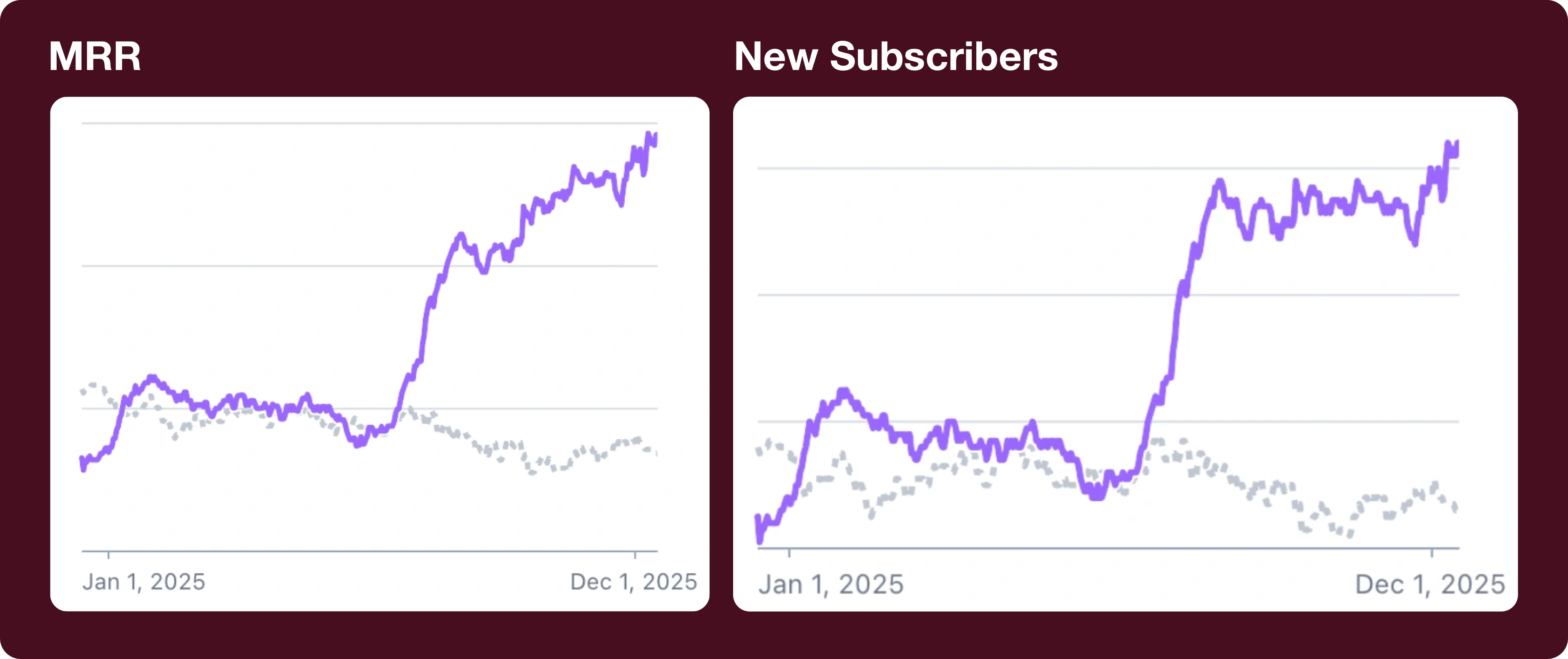 MRR and New subscriber charts for the year, showing a big midyear slope increase